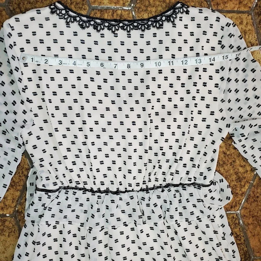 Max Studio Polka Dot Peplum V Neck Ruffle Dress Lace Trim Elastic Waist Sz L - Picture 12 of 13